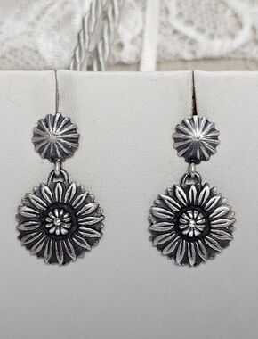 Southwestern Sunflower Concho Post Earrings Oxidized 925 Silver